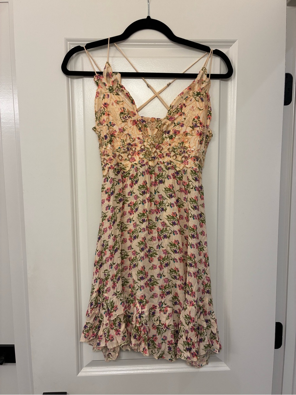 Free People Cream Floral Smocked Mini Dress with Pink and Green Print